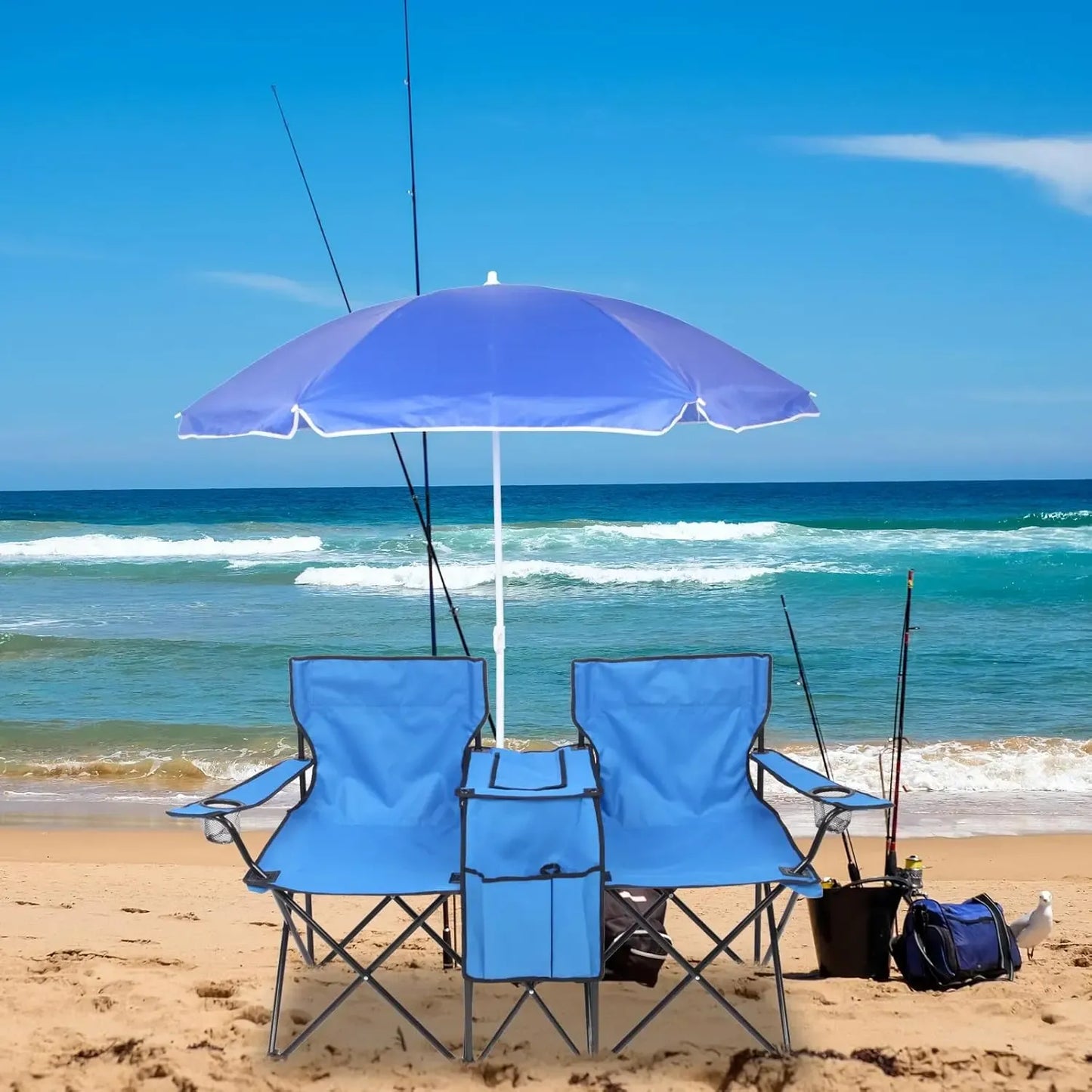 Outdoor Double Chair with Umbrella & Side Table – Beach & Camping