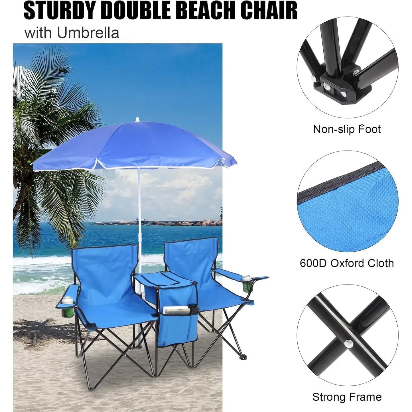 Outdoor Double Chair with Umbrella & Side Table – Beach & Camping