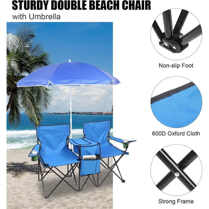 Outdoor Double Chair with Umbrella & Side Table – Beach & Camping
