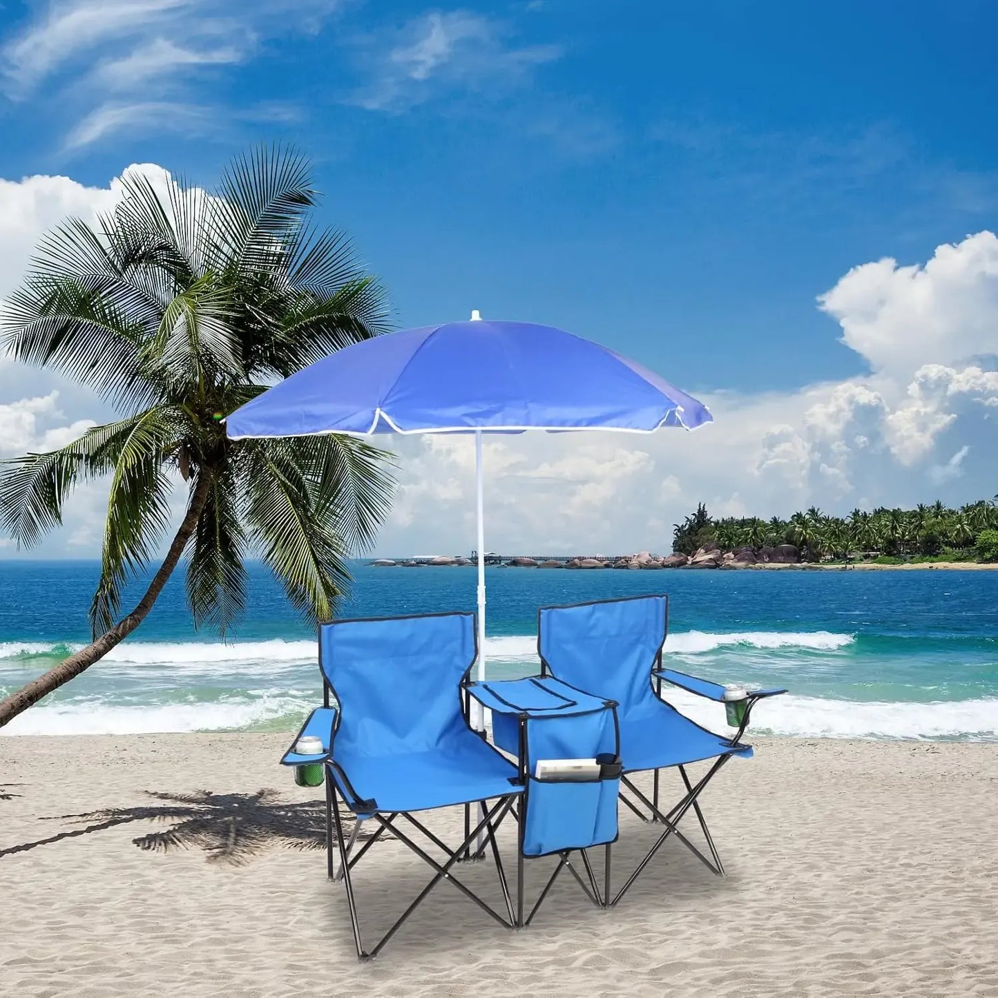 Outdoor Double Chair with Umbrella & Side Table – Beach & Camping