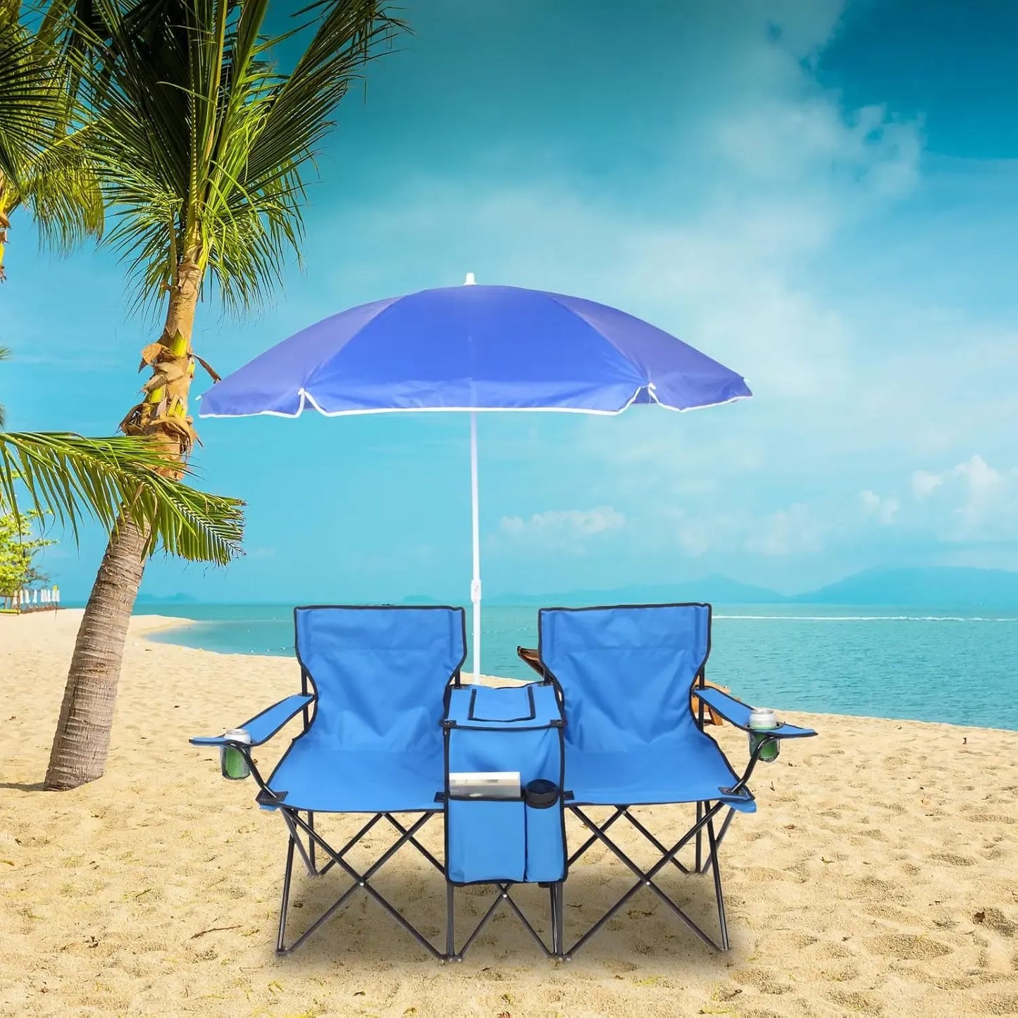 Outdoor Double Chair with Umbrella & Side Table – Beach & Camping