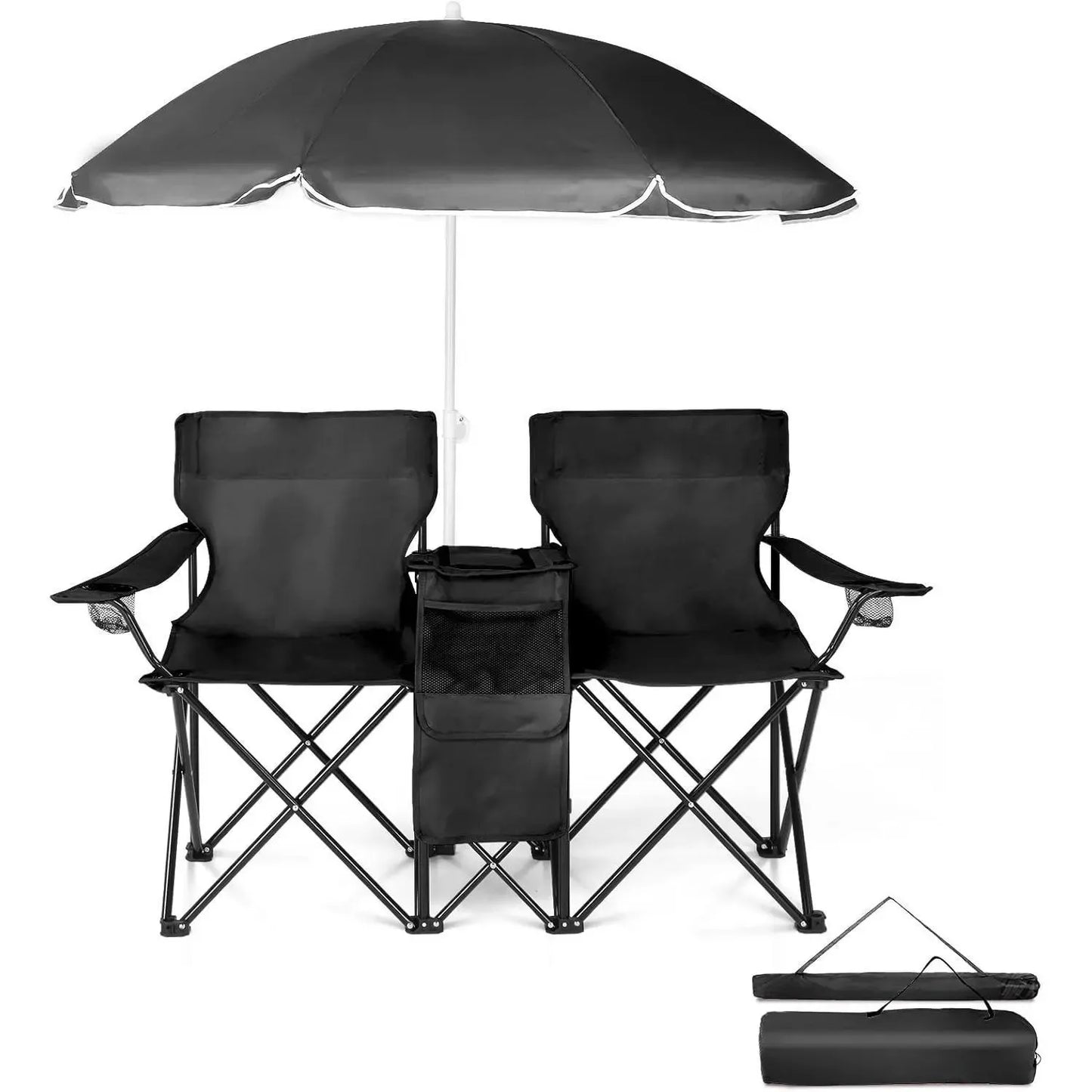 Outdoor Double Chair with Umbrella & Side Table – Beach & Camping