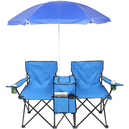 Outdoor Double Chair with Umbrella & Side Table – Beach & Camping