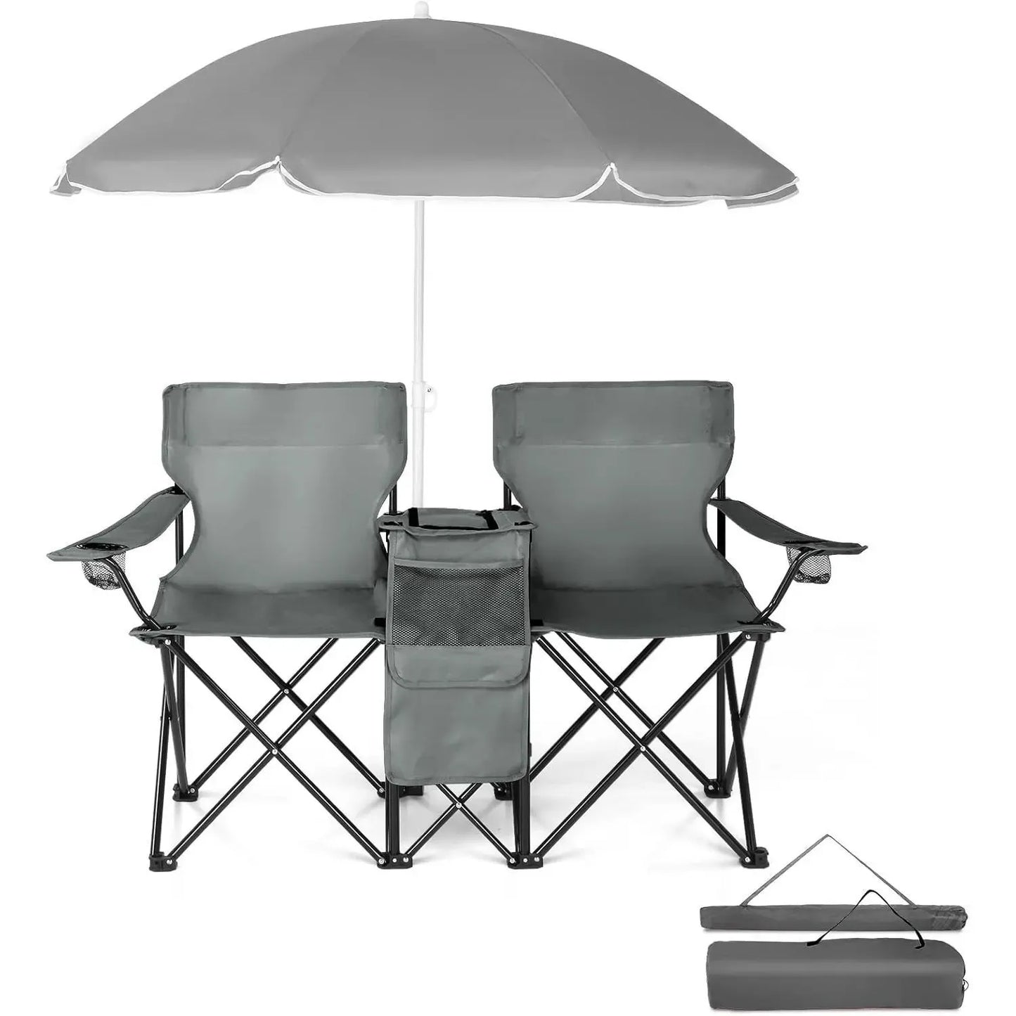 Outdoor Double Chair with Umbrella & Side Table – Beach & Camping