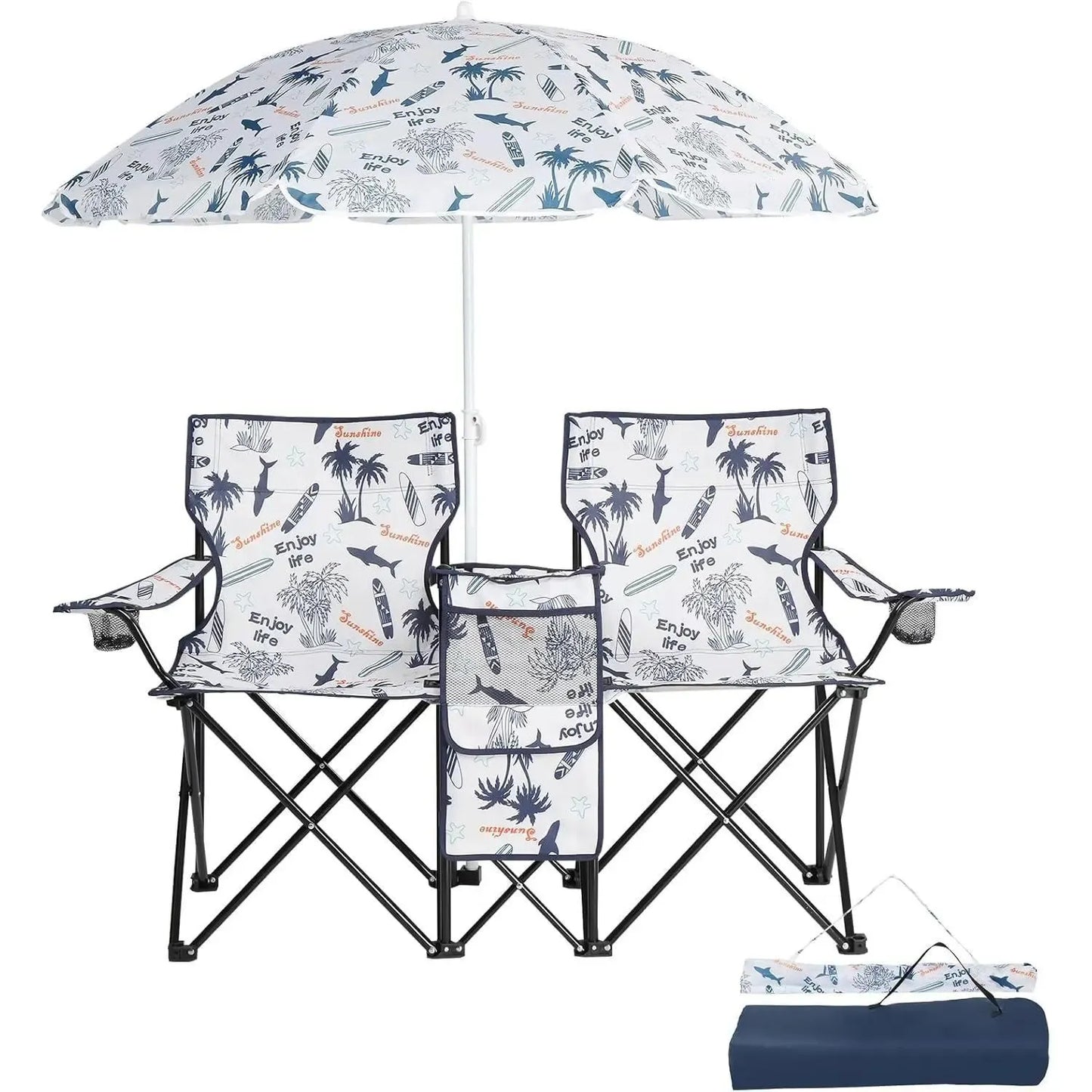 Outdoor Double Chair with Umbrella & Side Table – Beach & Camping