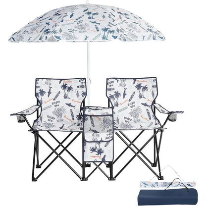 Outdoor Double Chair with Umbrella & Side Table – Beach & Camping