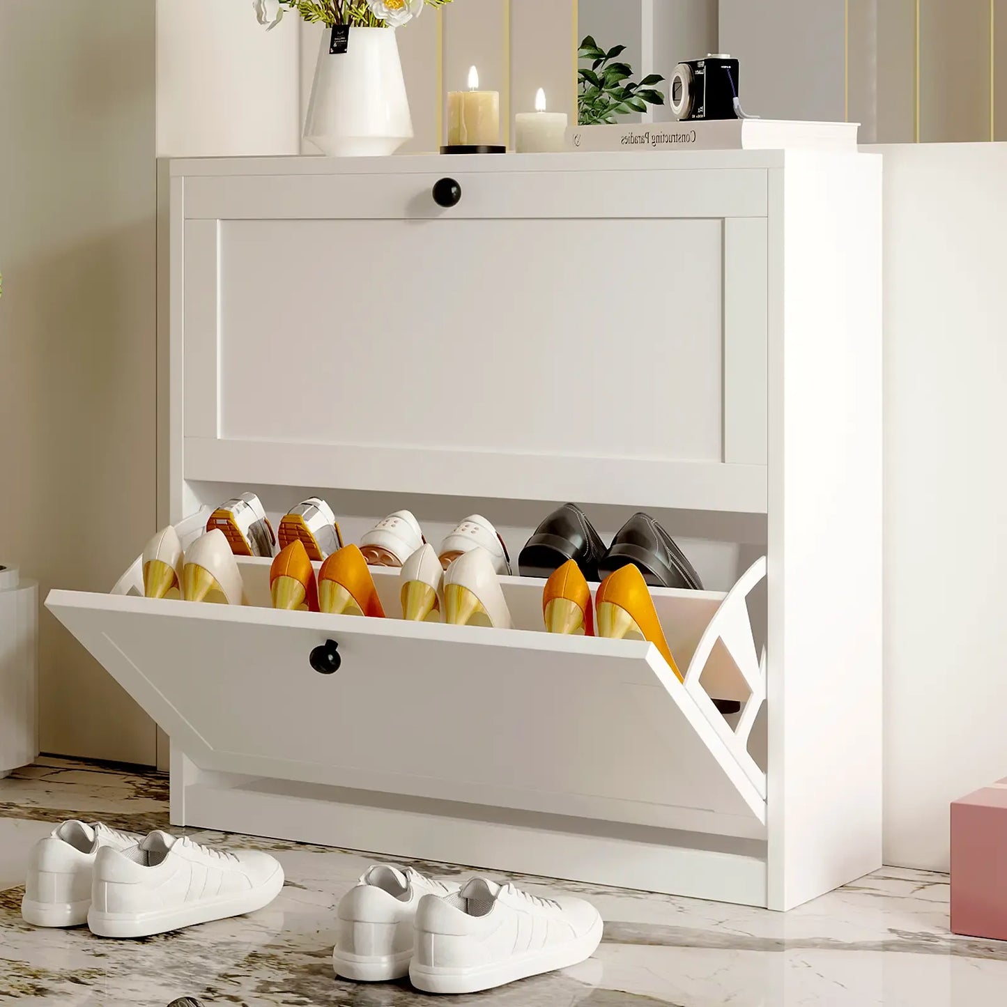 Narrow Shoe Cabinet with Drawers – Entryway Storage Organizer